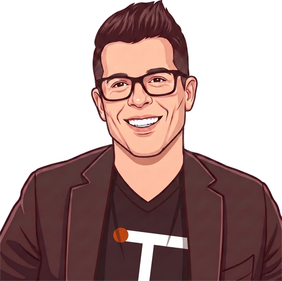 Derek Cummings, owner of Tradesfront, drawn in the same style as Trey